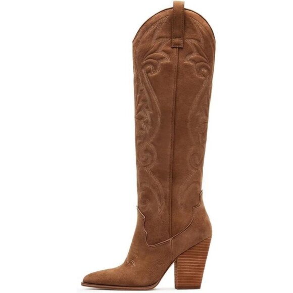 Vomira Cowboy Boots Women Brown Pointed Toe Chunky High Heels Embroidered Boots - Picture 1 of 7
